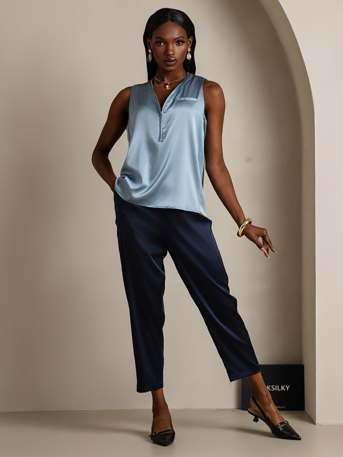 SilkSilky-IT 19Momme Seta Senza maniche Collo a V Camicie da donna BluGrigiastro 005