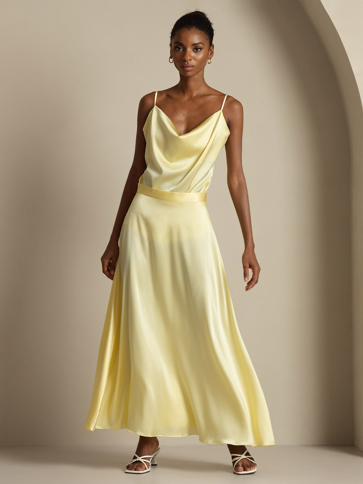 [Giallo Chiaro] SilkSilky-IT 19Momme Seta Collo drappeggiato Women''s Outfit Sets 001,