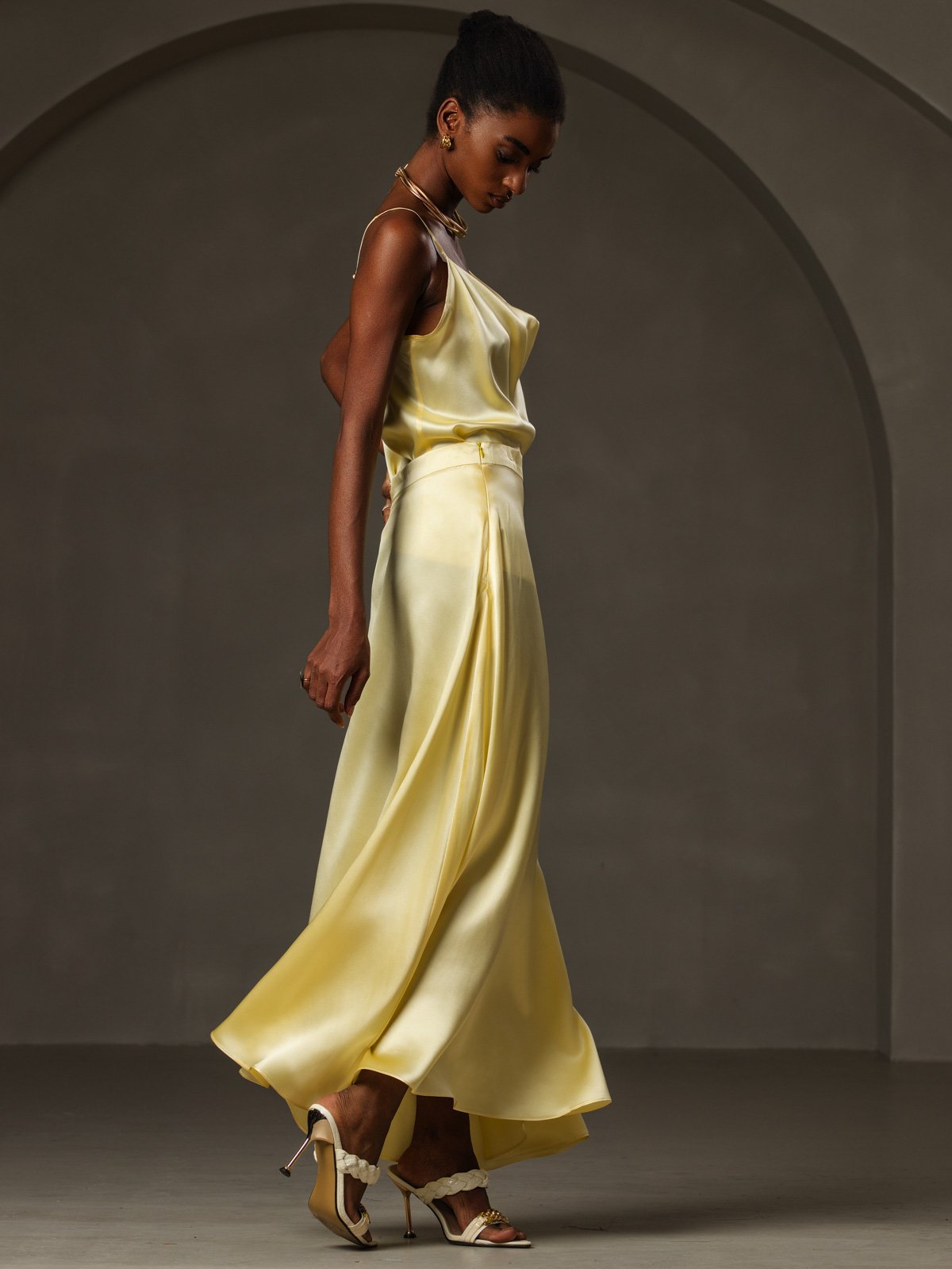 [Giallo] SilkSilky-IT 19Momme Tirantes Finos Collo drappeggiato Cami 006