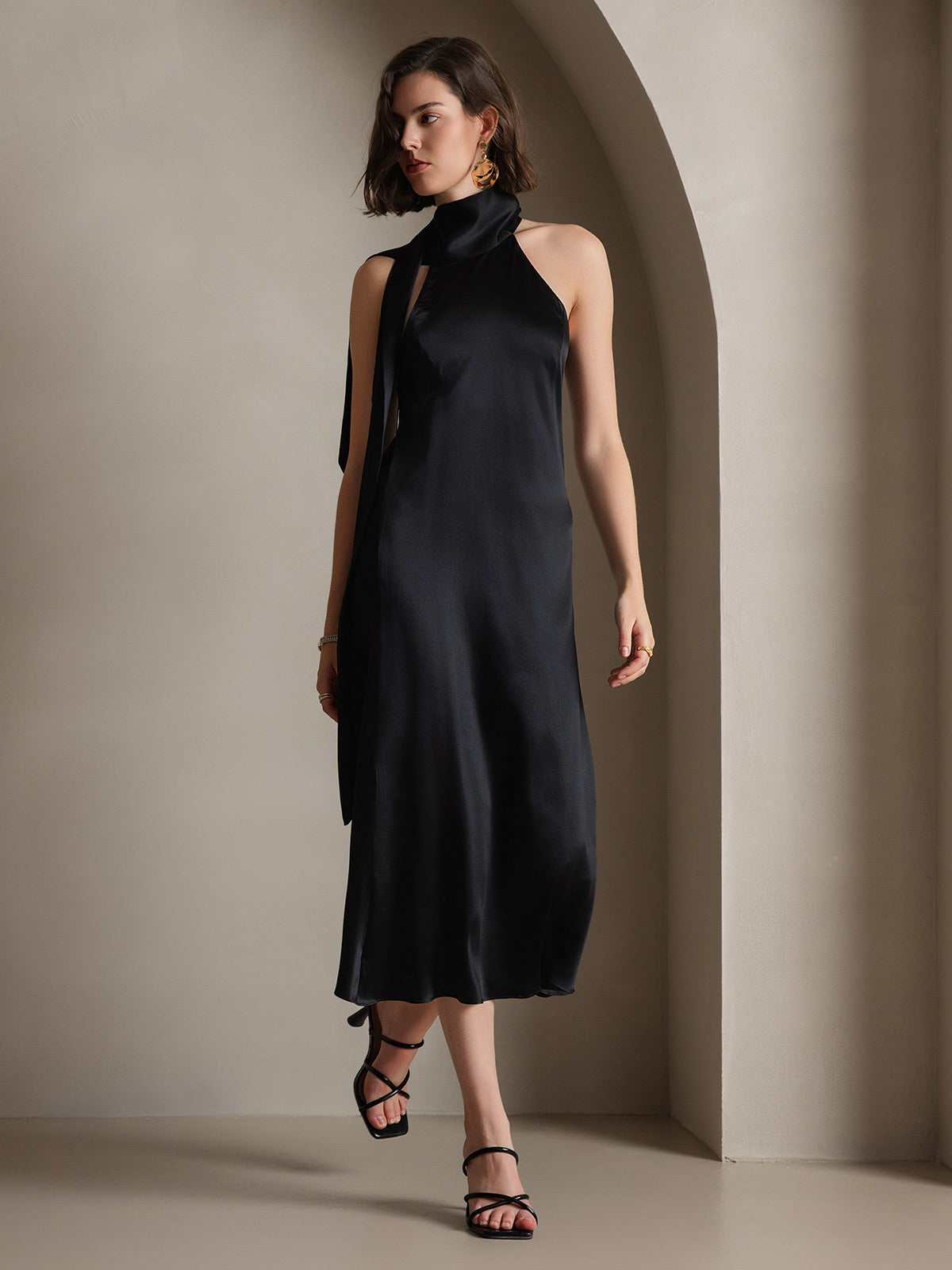 SilkSilky-IT 19Momme Seta Senza maniche Nodo al collo Vestiti da donna Nero 007