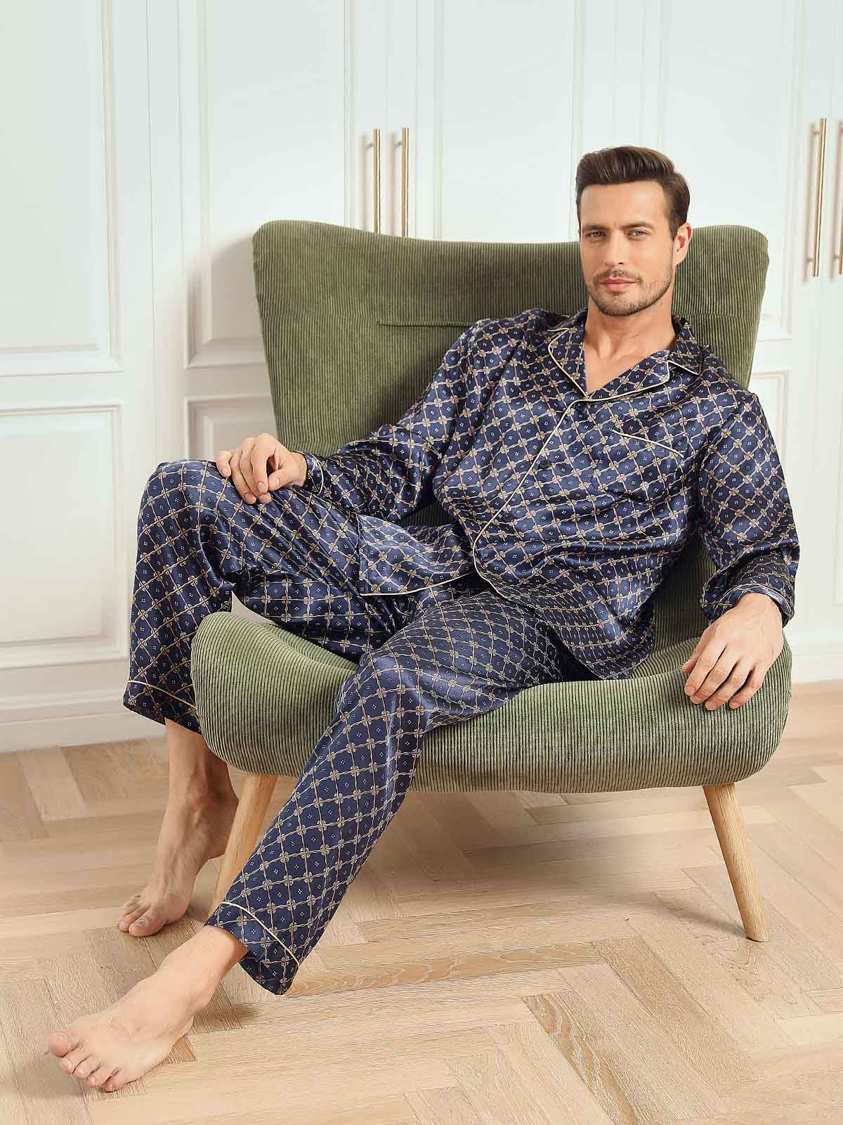 [Catena Blu Navy] SilkSilky-IT 19Momme Seta pura Mens Pajamas 001