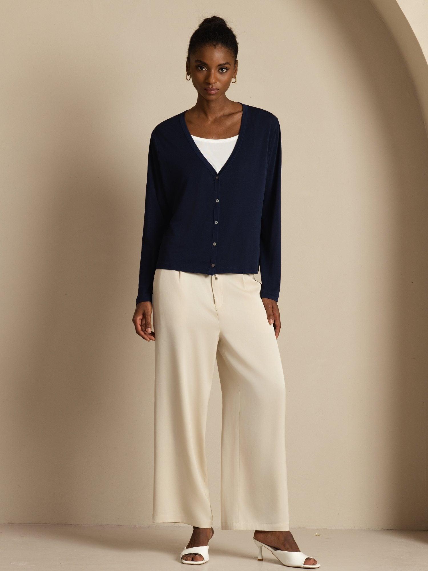 [BluScuro] SilkSilky-IT 19Momme Seta Manica lunga Scollo a V Cardigan Donna 008