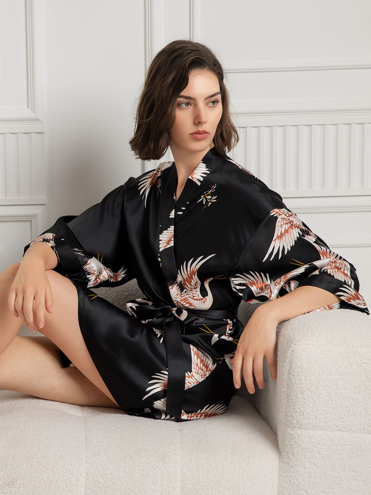 [Nero] SilkSilky-IT Seta pura Scollo a V profondo Vestaglia da donna 004