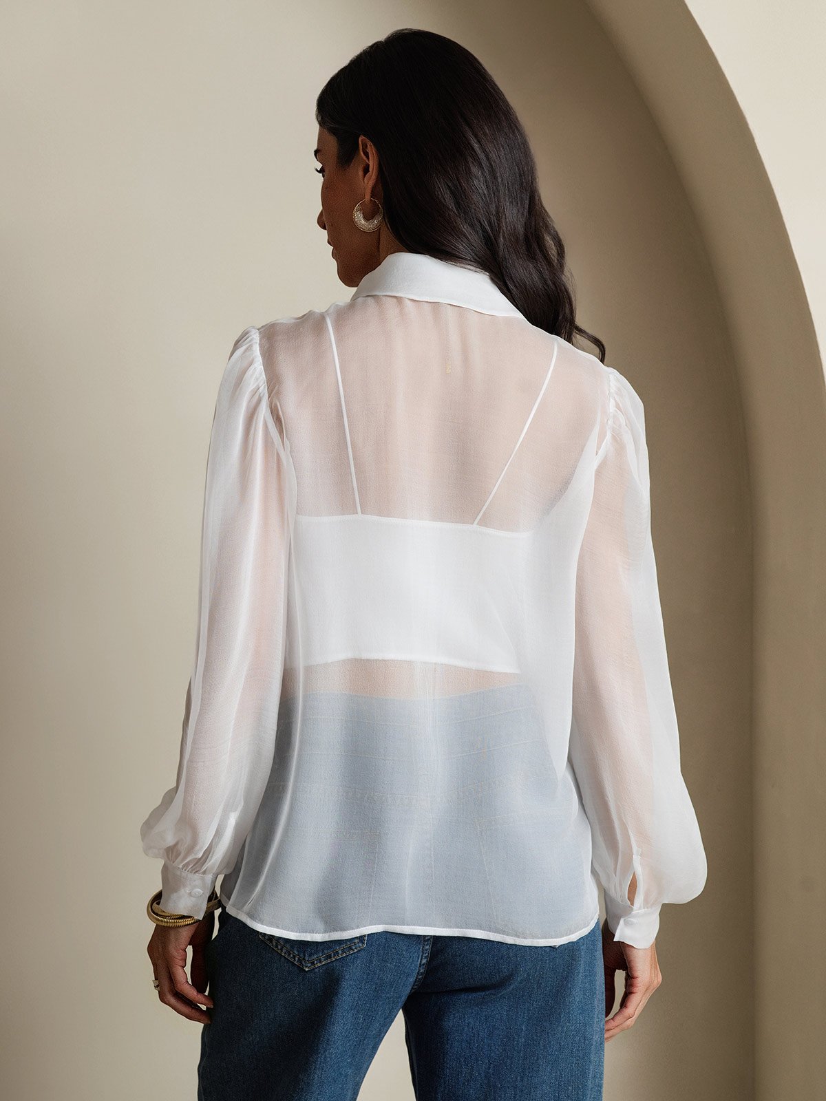 SilkSilky-IT Seta pura Manica lunga Nodo al collo Camicie da donna Bianco 002