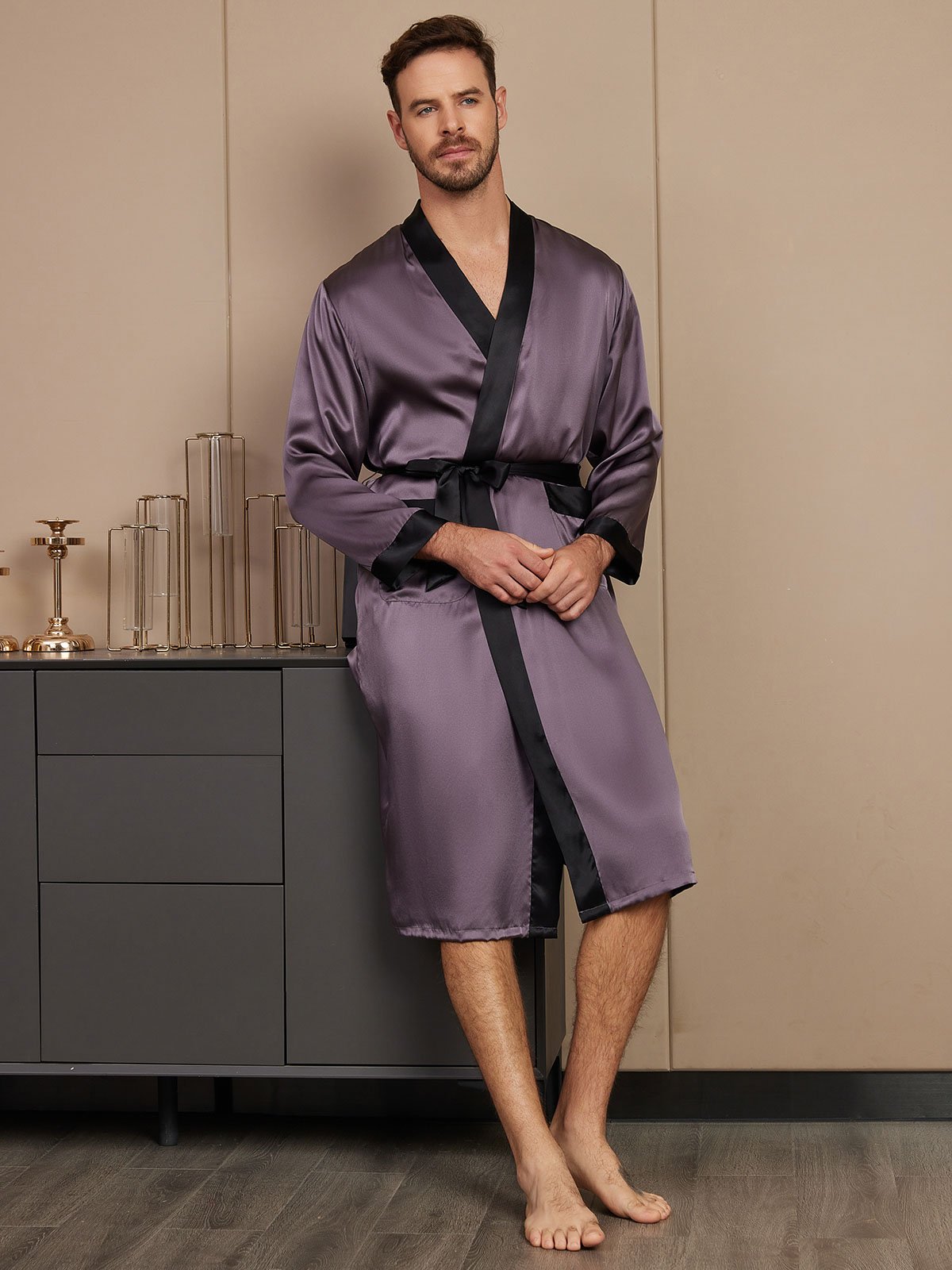 SilkSilky IT Seta pura Manica lunga Mens Robe GrigioPorpora 004