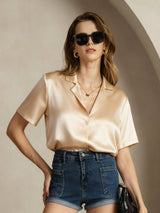 [Champagne] SilkSilky-IT Short Sleeve Lapel Collar Camicie da donna 005