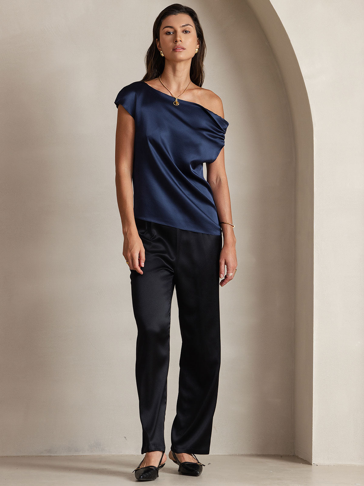 [Blu Scuro] SilkSilky-IT 19Momme Seta Womens T-Shirt 005