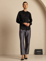 [Nero] SilkSilky-IT 19Momme Manica lunga Scollo rotondo Camicette 007
