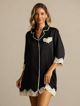 [Nero] SilkSilky-IT Seta pura Colletto risvolto Camicia da notte 003