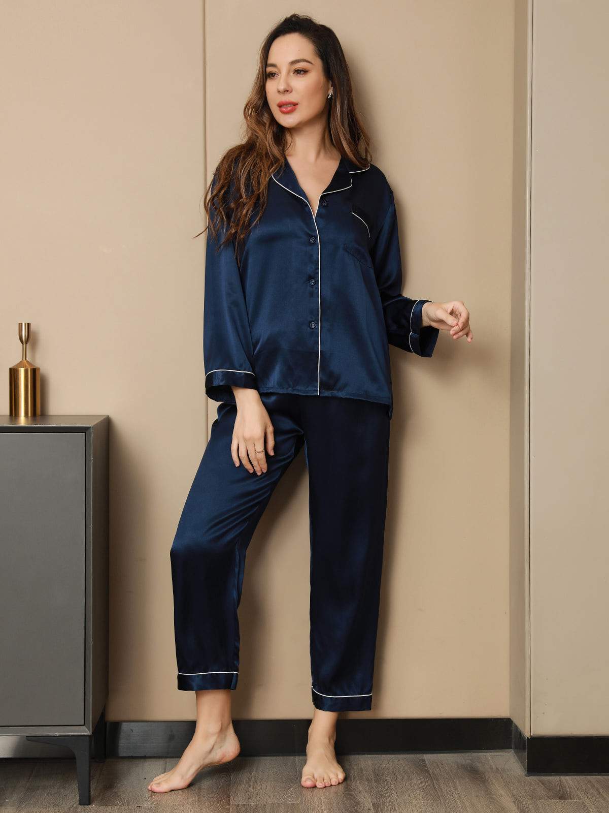 [Blu Scuro] SilkSilky-IT Seta pura Womens Pajamas 007