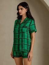 [Quadri Verdi] SilkSilky-IT Short Sleeve Notch Collar Pigiami da donna 003