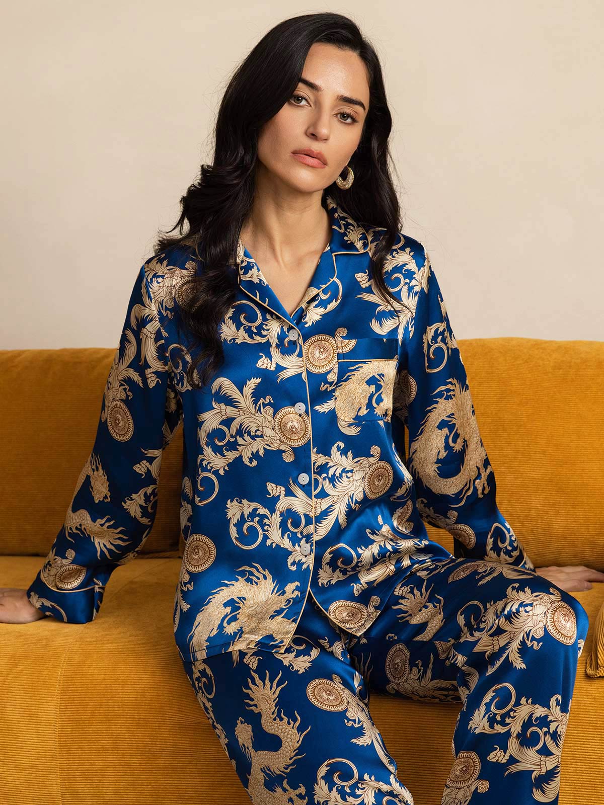 [Drago Navy] SilkSilky-IT Seta pura Womens Pajamas 001