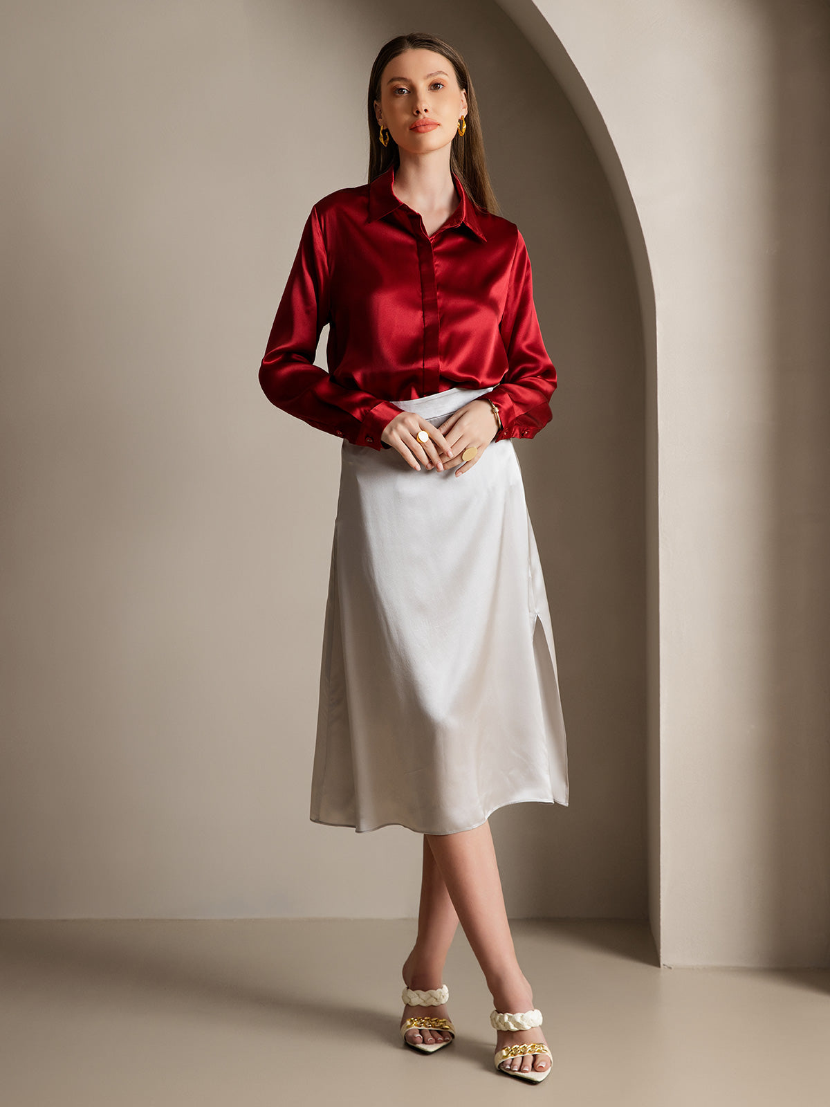 [Vino] SilkSilky-IT 19Momme Seta Lapel Collar Camicie da donna 007