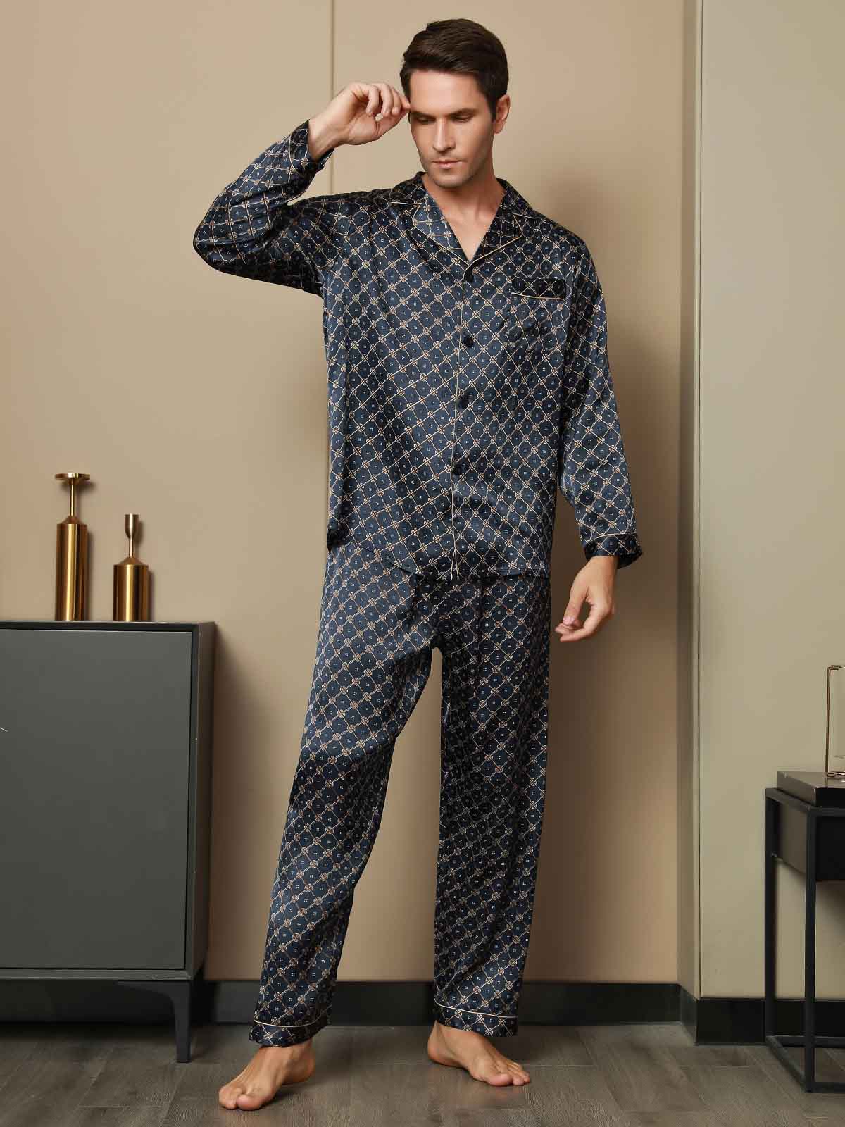 [Catena Blu Navy] SilkSilky-IT Seta pura Mens Pajamas 004,