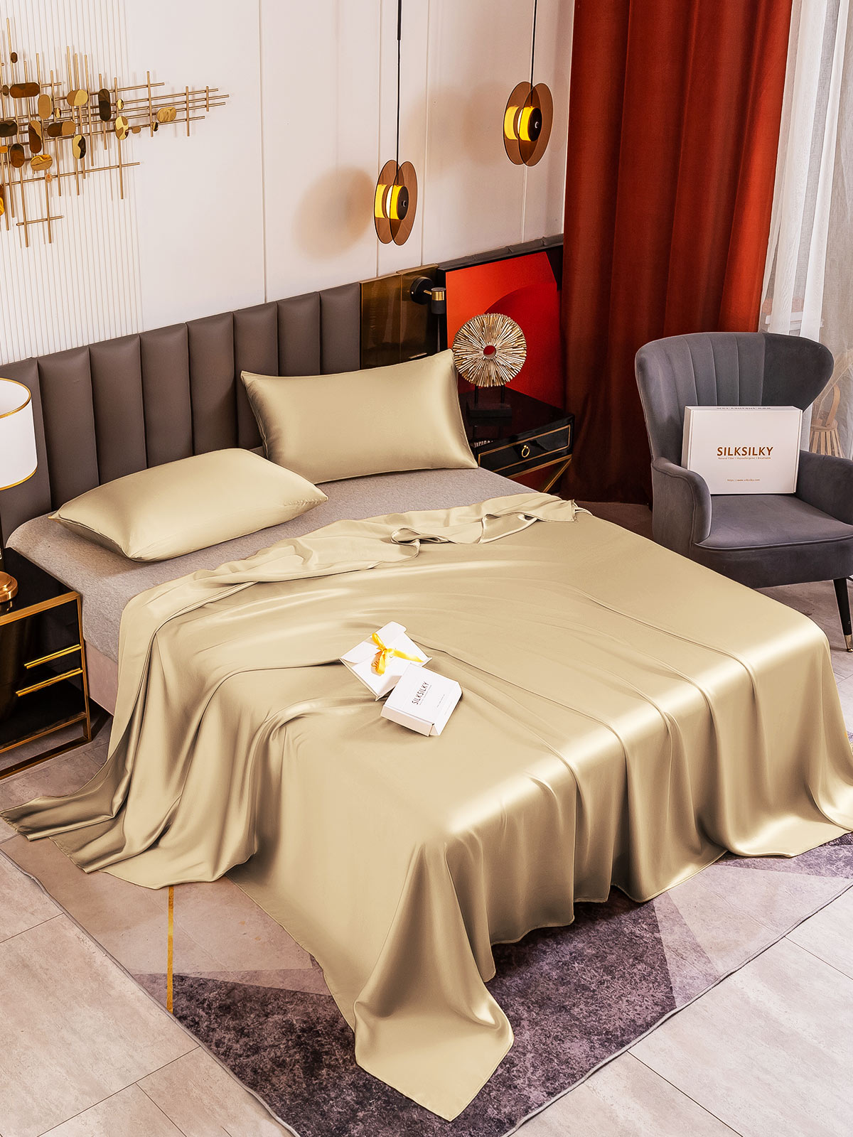 [Beige] SilkSilky-IT 19Momme Seta pura Bedding Set 001