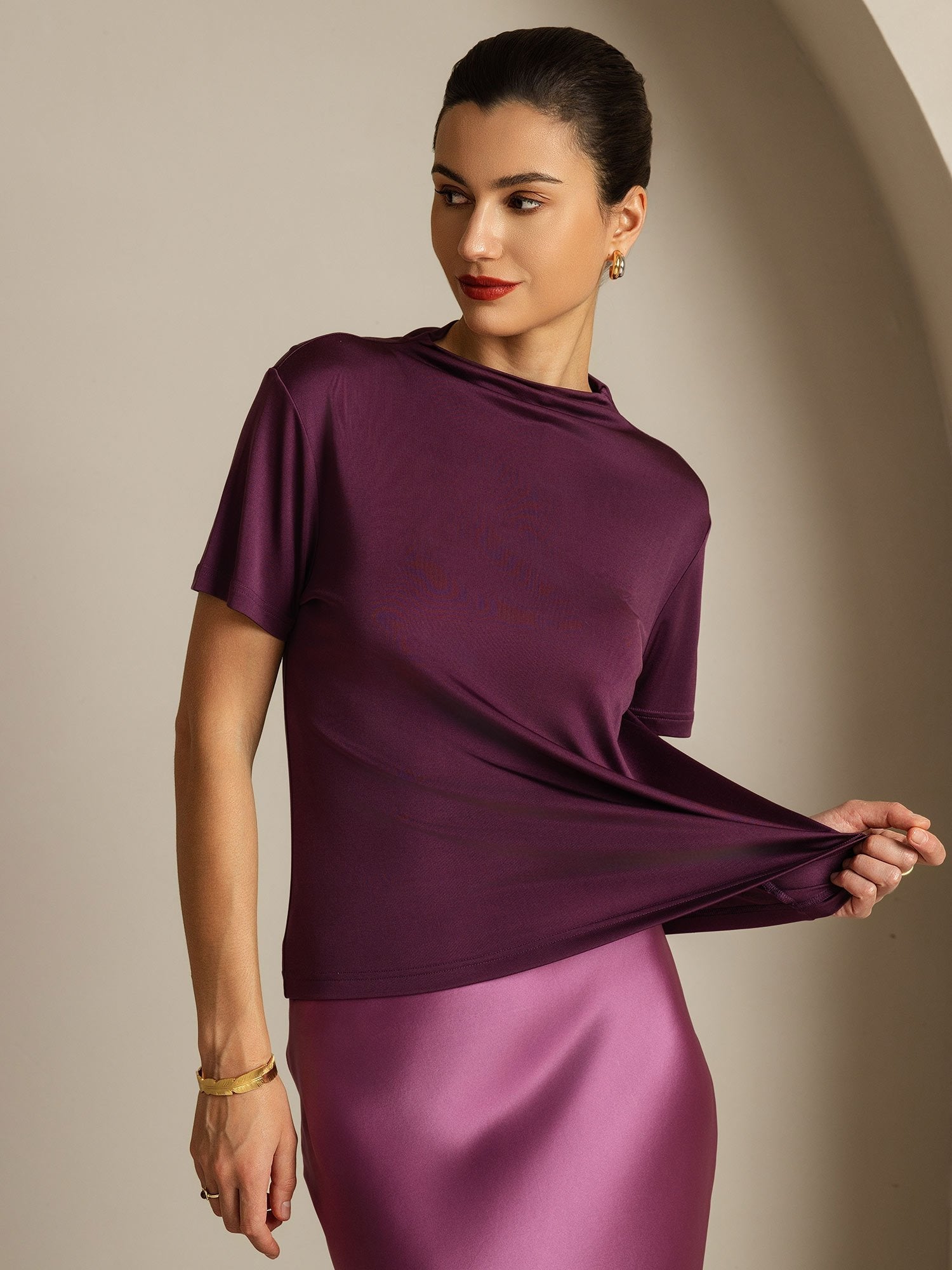 [Viola] SilkSilky-IT Seta pura Colletto risvolto Magliette donna 001