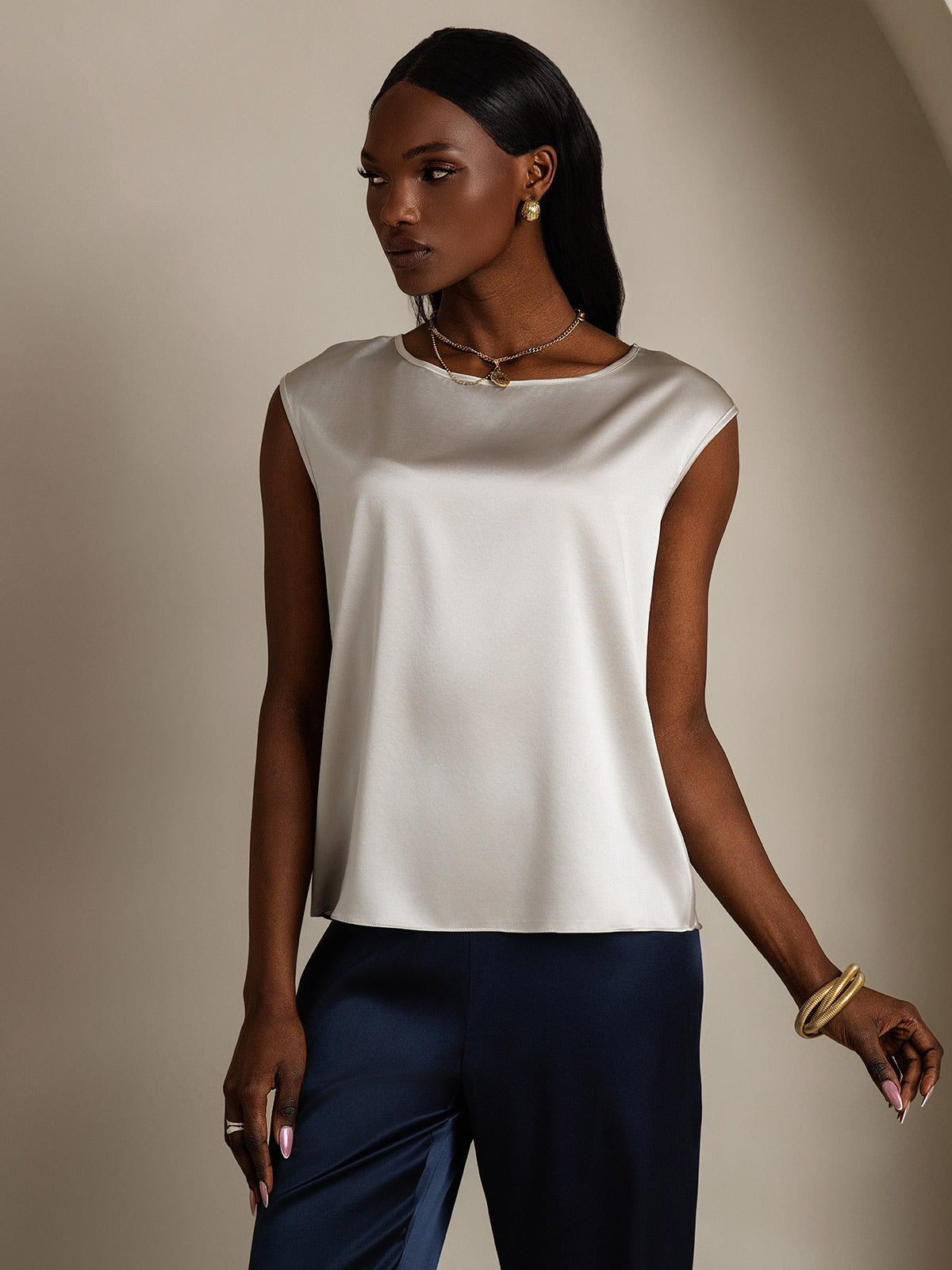 [Grigio Chiaro] SilkSilky-IT 19Momme Seta Womens T-Shirt 004