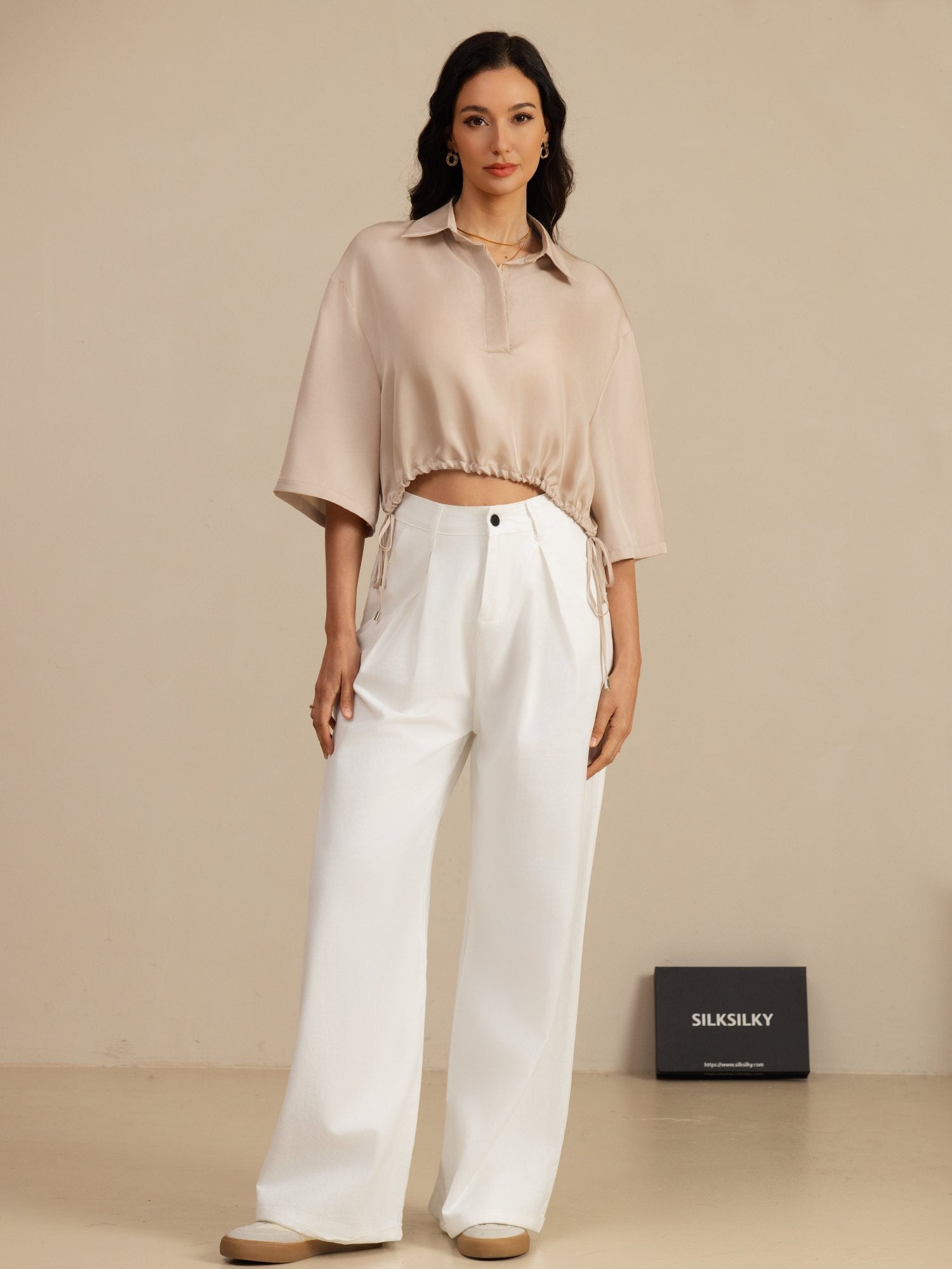 [Marrone Chiaro] SilkSilky-IT 18Momme Manga media Colletto con Revers Camicette 006