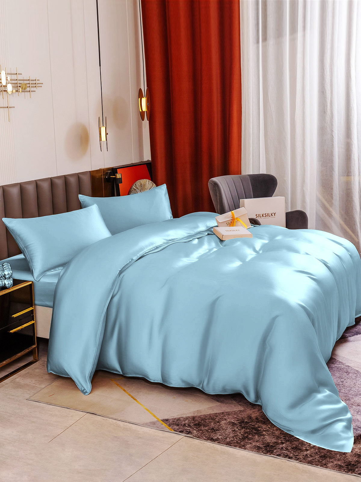 SilkSilky IT 19Momme Seta pura Bedding Set Azzurro 005