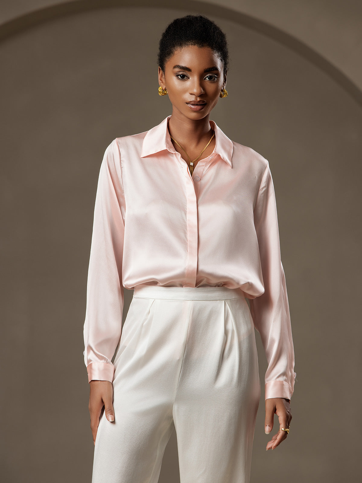 [Rosa] SilkSilky-IT 19Momme Seta Lapel Collar Camicie da donna 005
