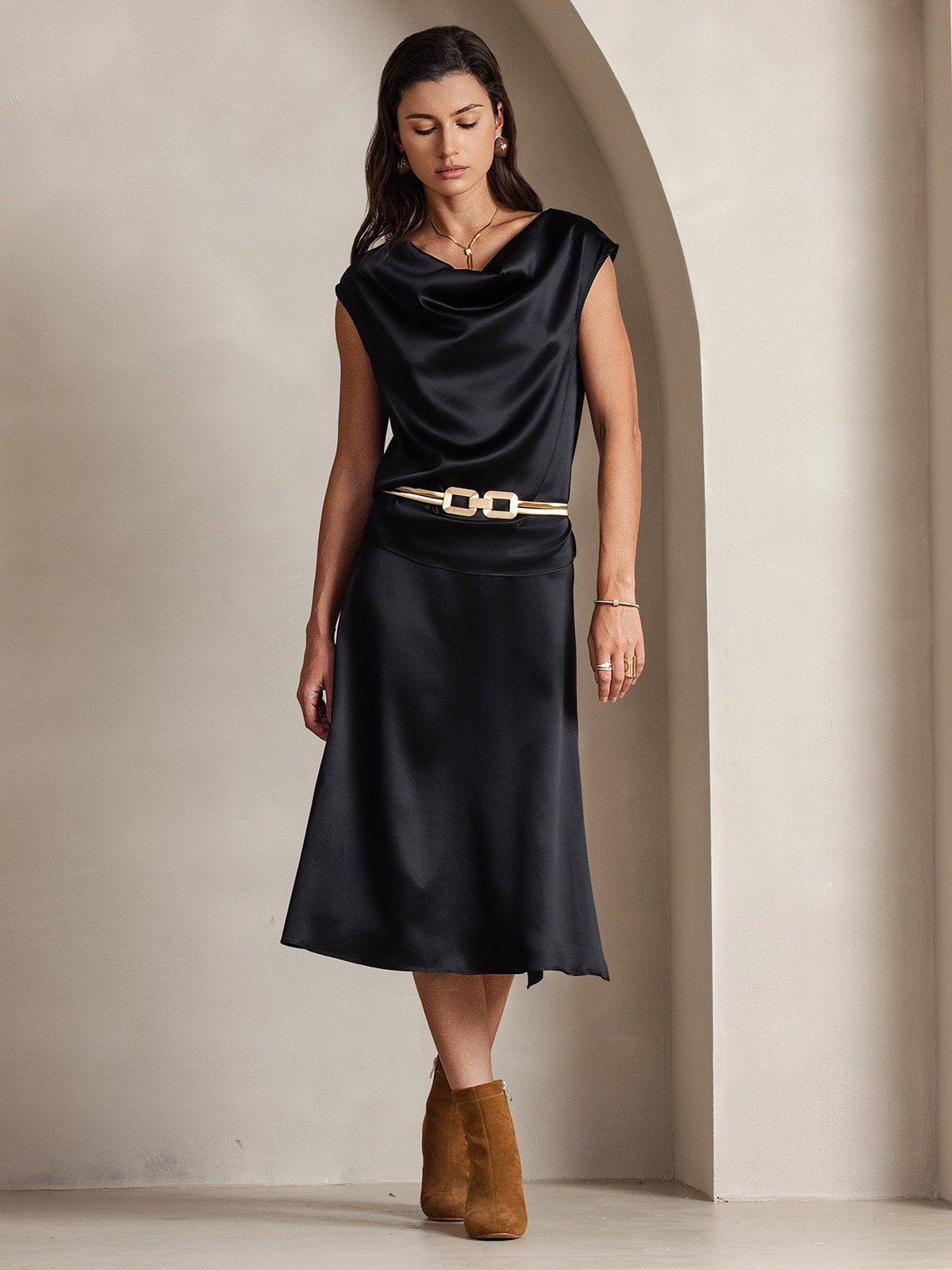 [Nero] SilkSilky-IT 19Momme Seta Collo drappeggiato Magliette donna 003