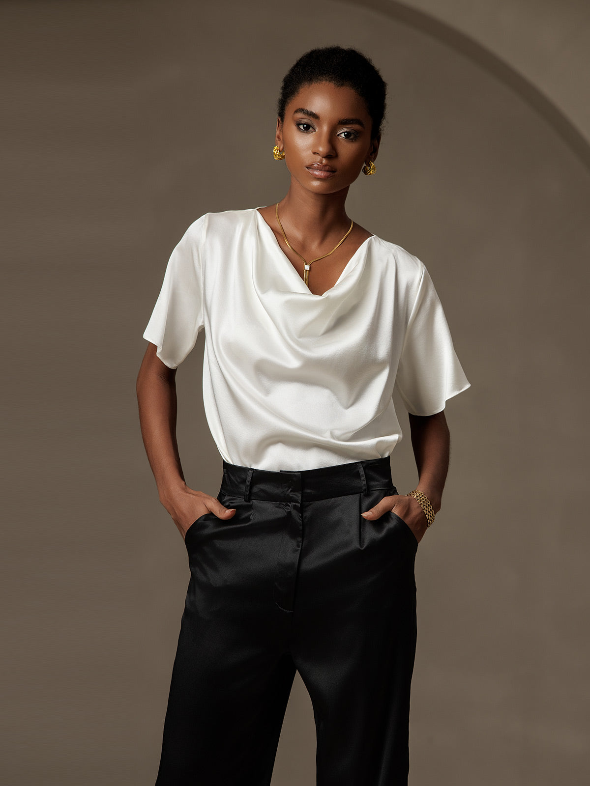 [Bianco] SilkSilky-IT 19Momme Seta Collo drappeggiato Magliette donna 001