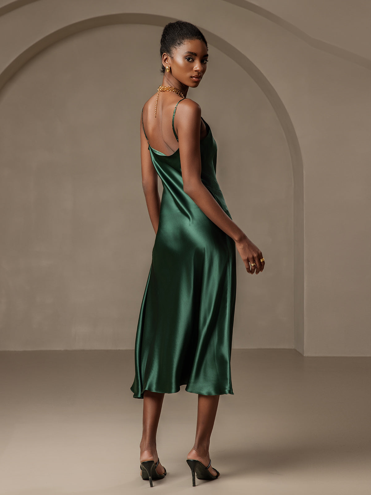 [Verde Scuro] SilkSilky-IT 19Momme Seta pura Collo drappeggiato Vestiti da donna 002