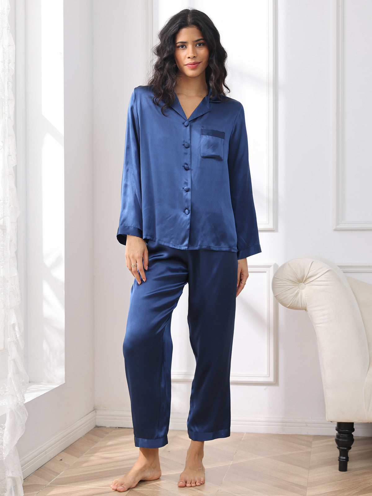 [Blu Scuro] SilkSilky-IT Seta pura Womens Pajamas 003,