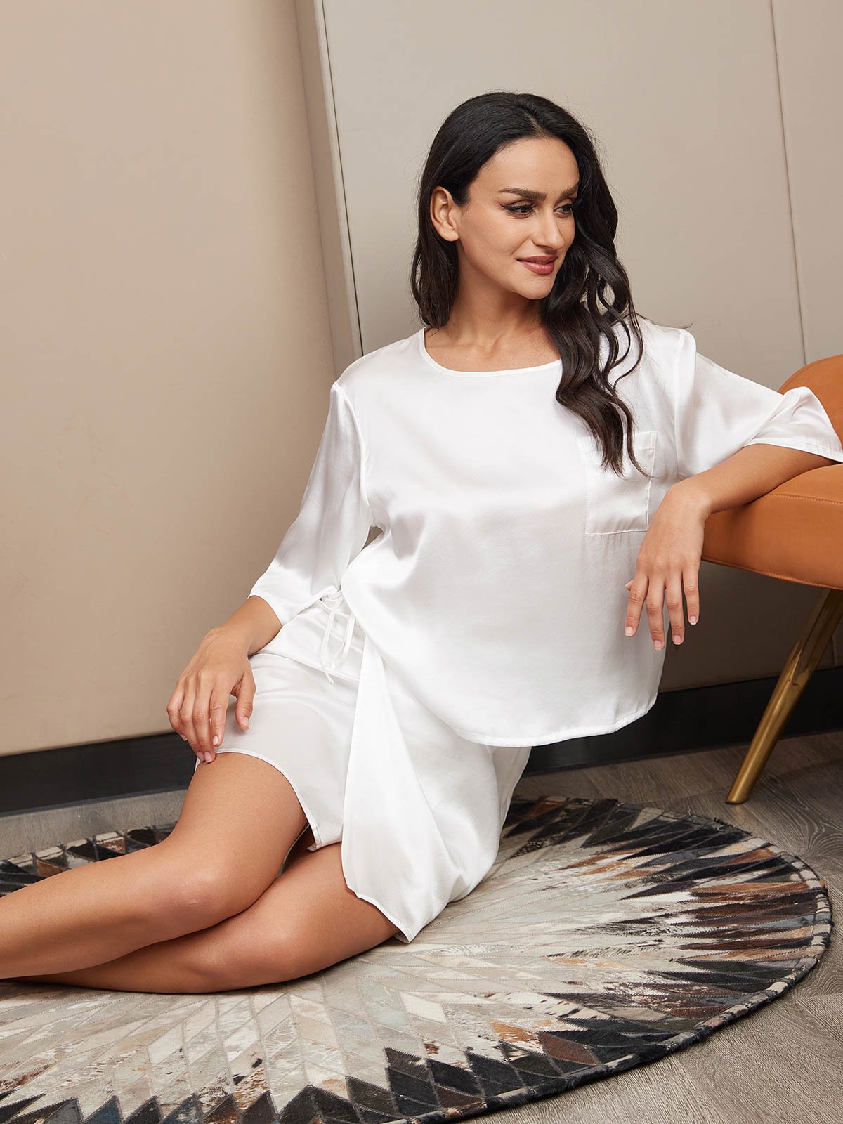[Bianco] SilkSilky-IT Seta pura A metà Womens Pajamas 004