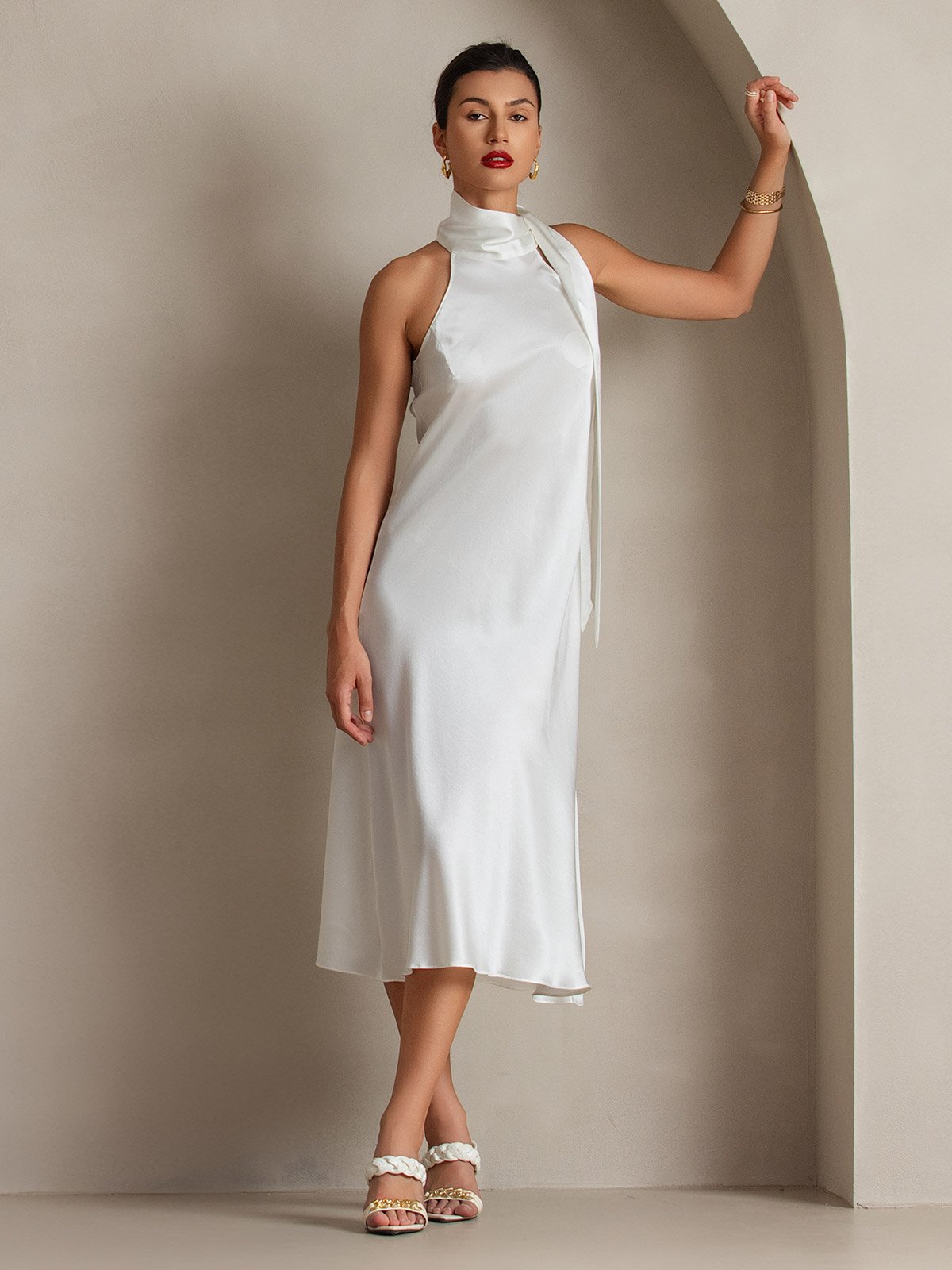 [Bianco] SilkSilky-IT 19Momme Seta Senza maniche Nodo al collo Vestiti da donna 005