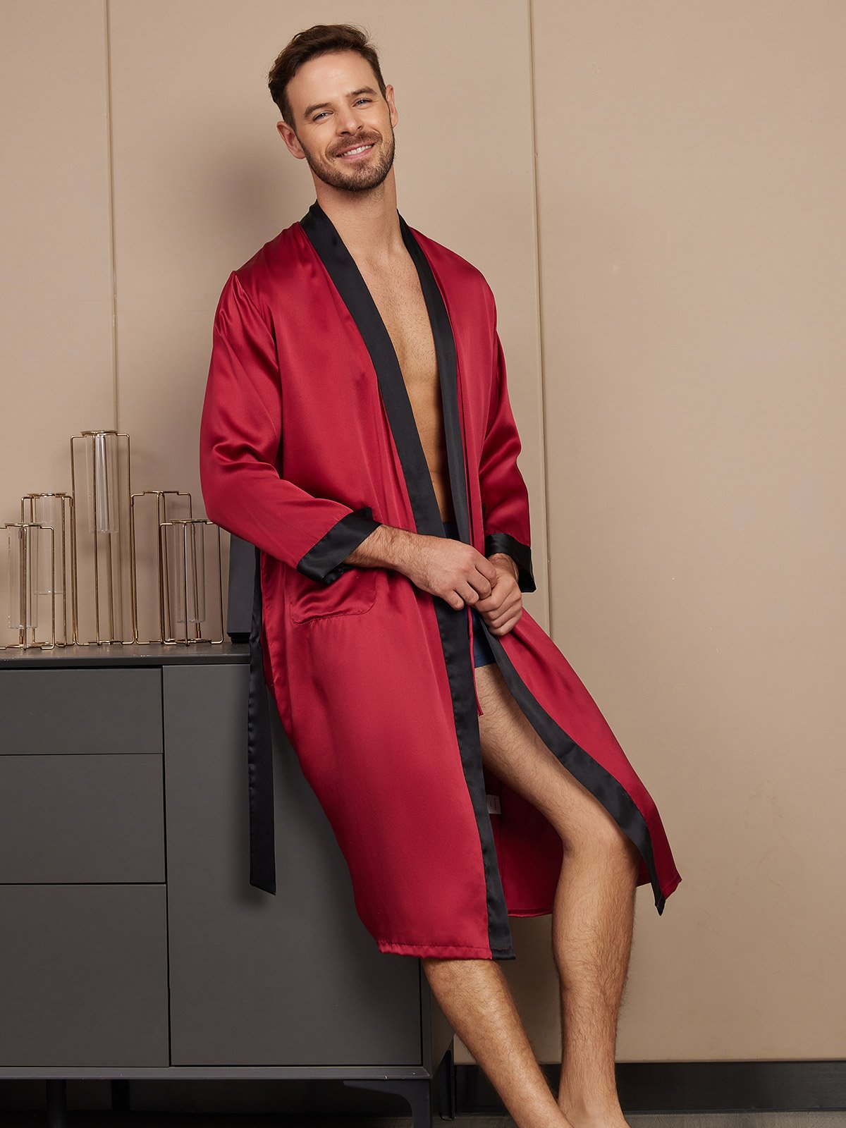 SilkSilky IT Seta pura Manica lunga Mens Robe Vino 005