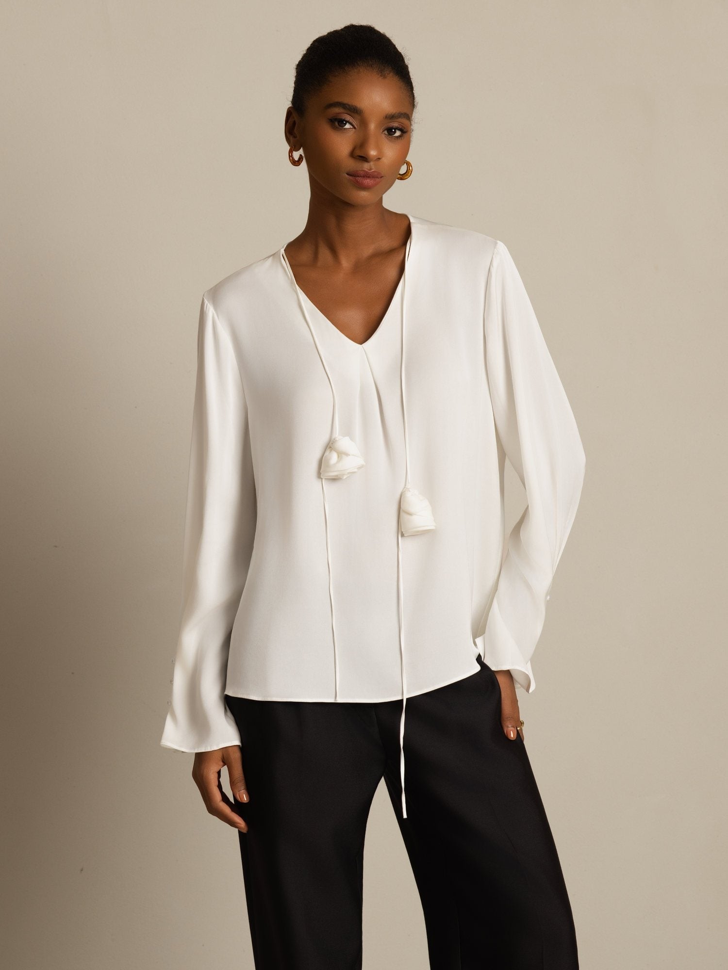 [Bianco] SilkSilky-IT 19Momme Seta Manica lunga Scollo a V Camicette 001