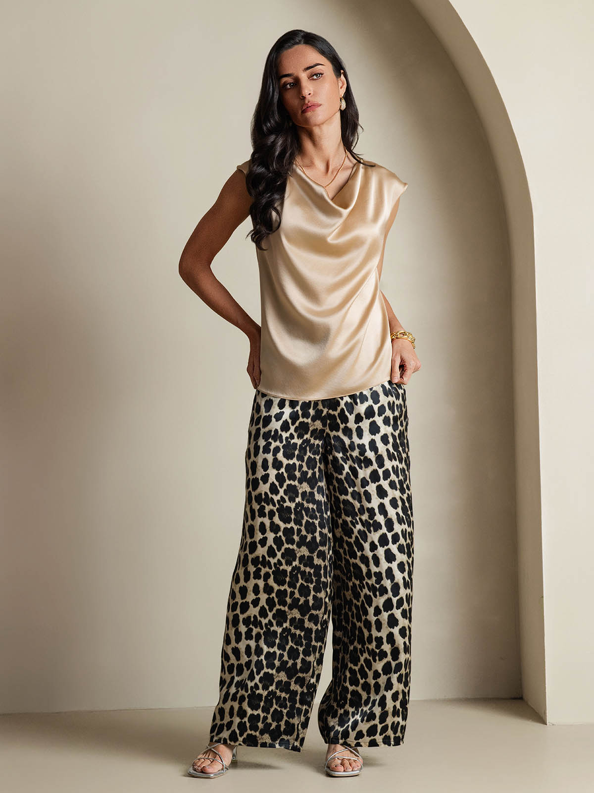 [Champagne] SilkSilky-IT 19Momme Manica a Cuffia Collo drappeggiato Magliette donna 007