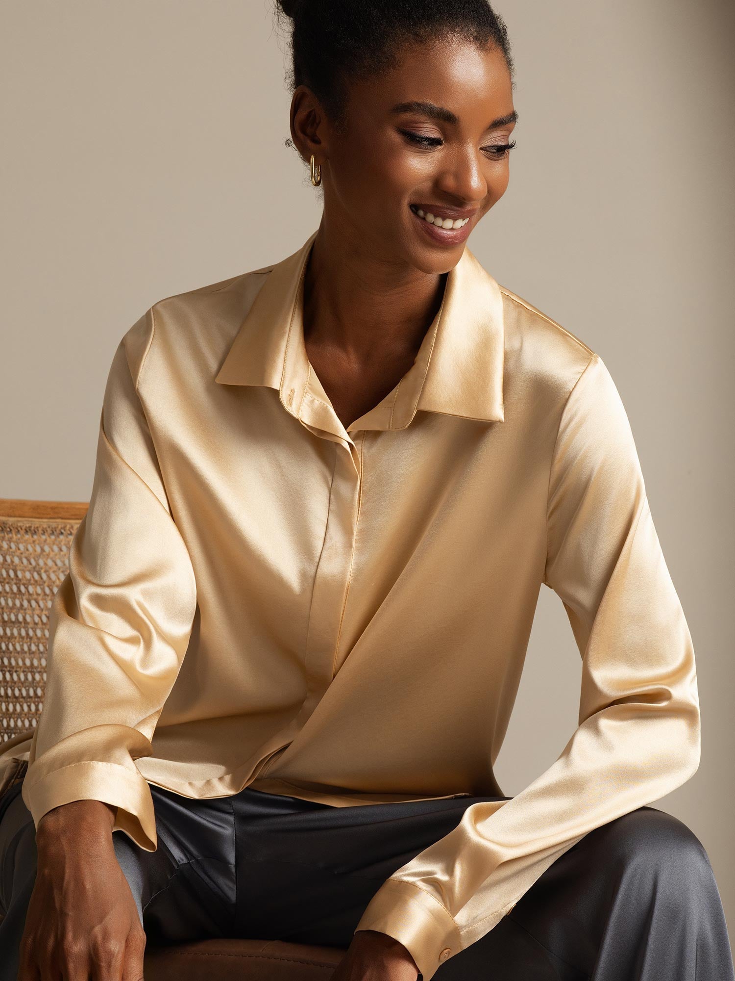 [Champagne] SilkSilky-IT 19Momme Seta Manica lunga Colletto risvolto Camicie da donna 001