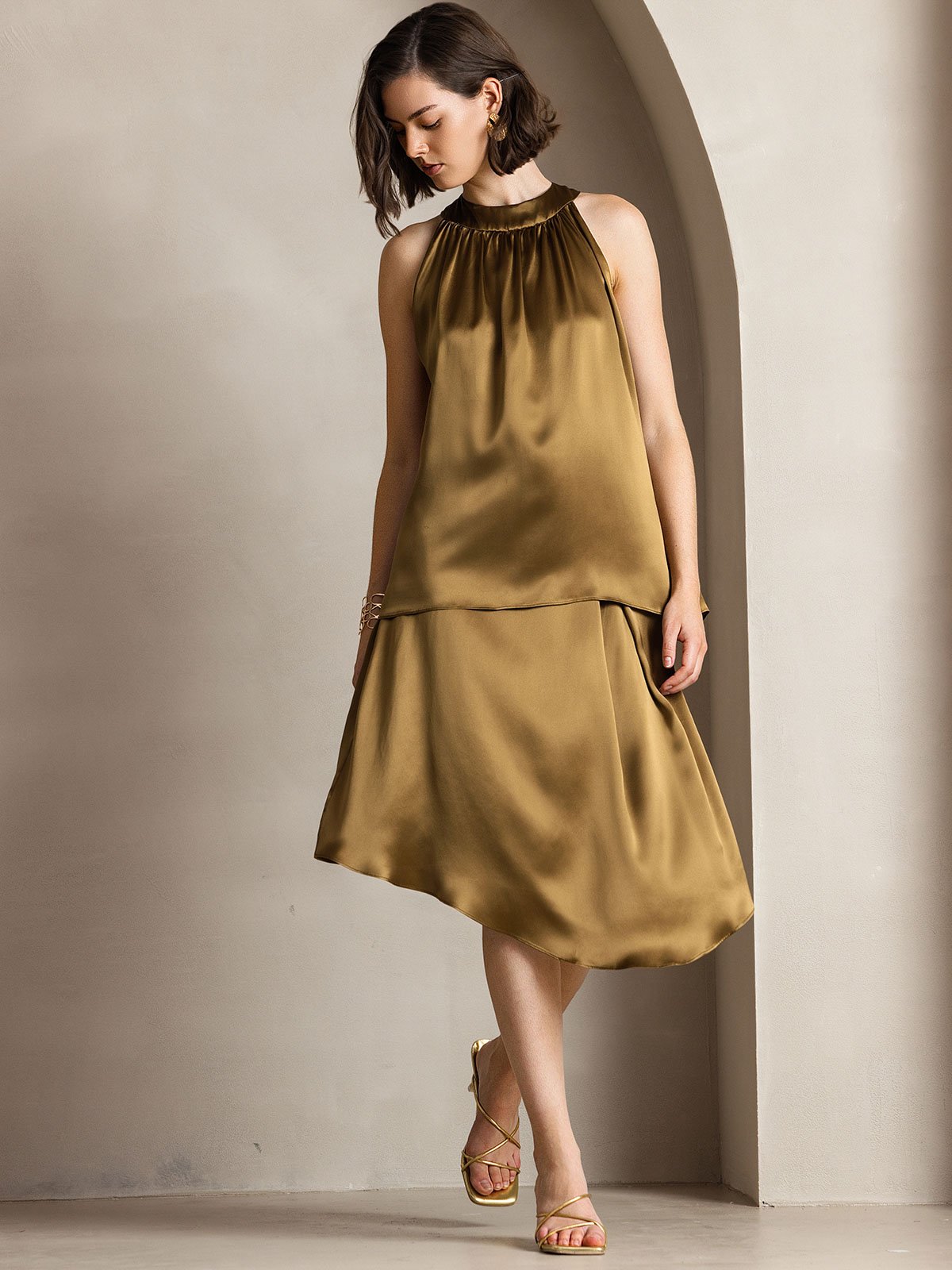 [Marrone] SilkSilky-IT 19Momme Seta Senza maniche Womens T-Shirt 004