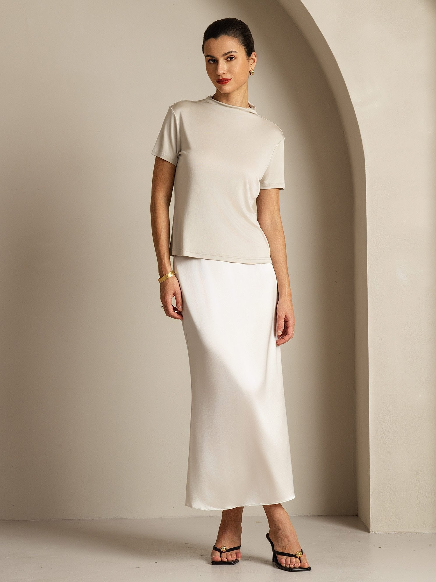 [Grigio] SilkSilky-IT Seta pura Colletto risvolto Magliette donna 009