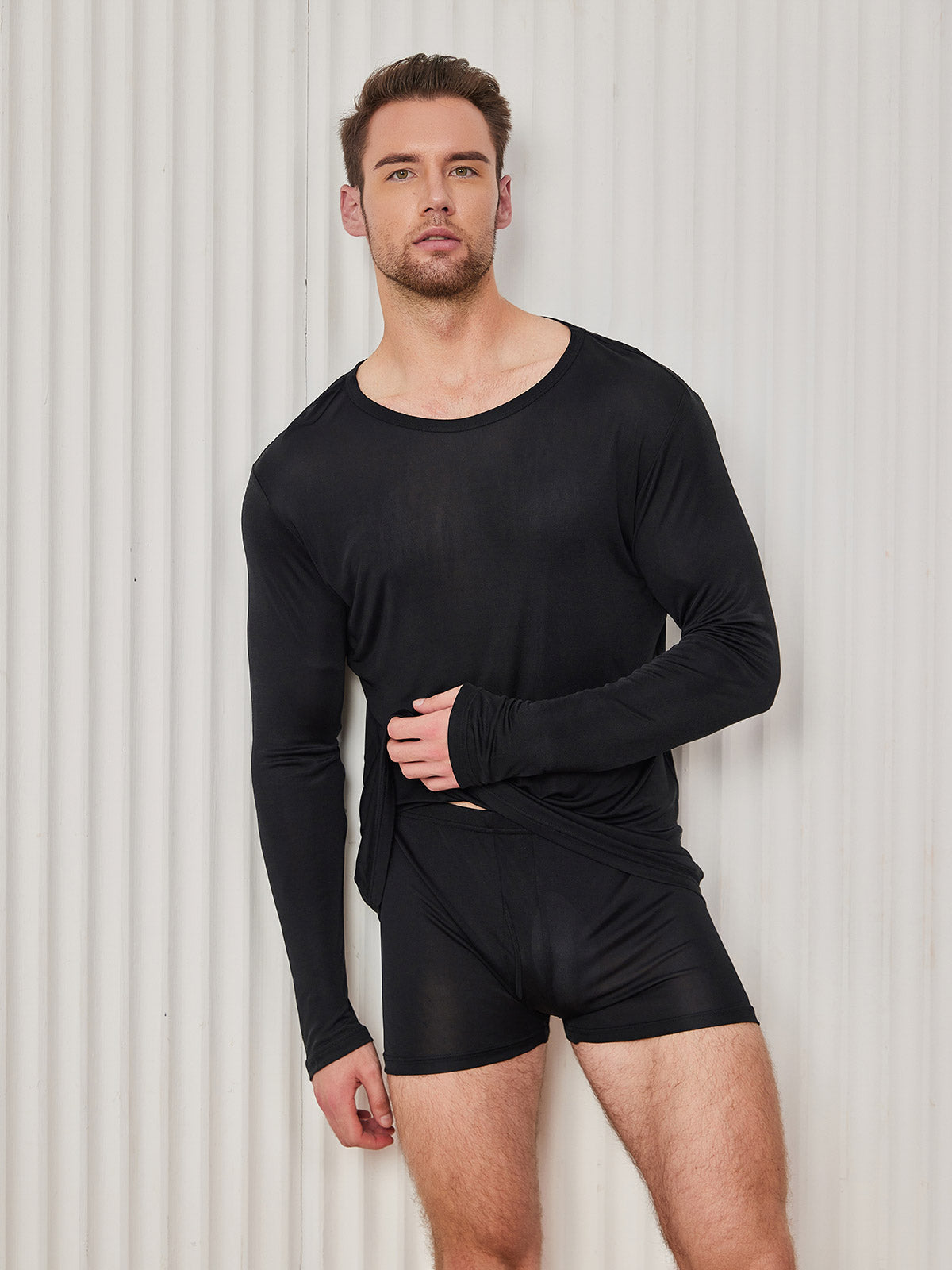 [Nero] SilkSilky-IT Manica lunga Scollo rotondo Maglietta da uomo 003