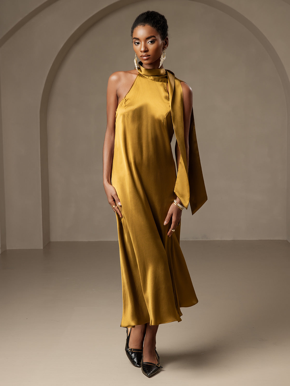 [Marrone] SilkSilky-IT 19Momme Seta Senza maniche Dress 006