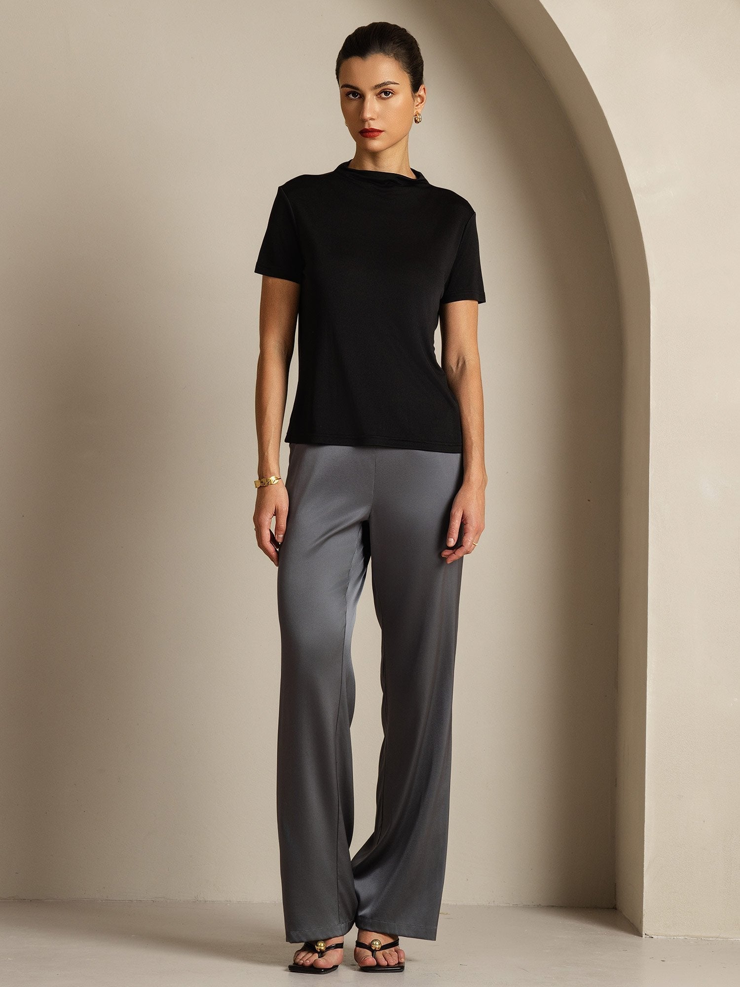 [Nero] SilkSilky-IT Seta pura Colletto risvolto Magliette donna 007