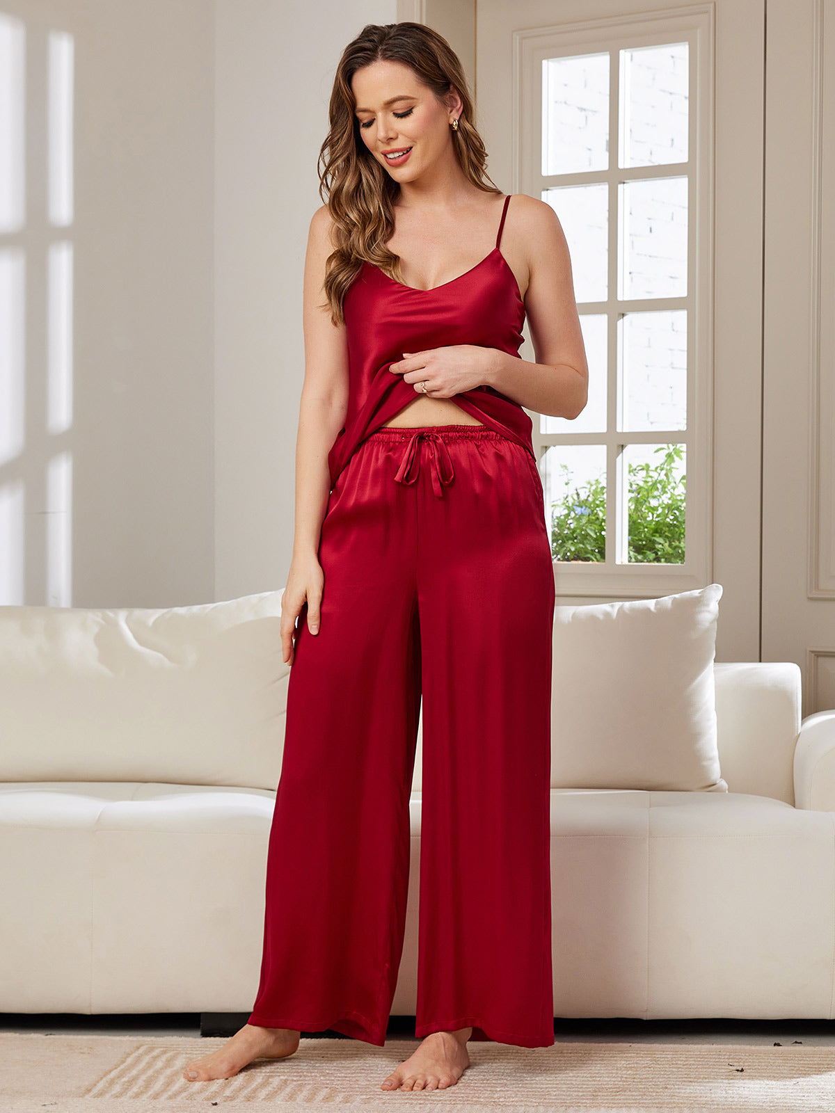 SilkSilky IT Seta pura Senza maniche Collo a V Set di Bretelle Vino 005