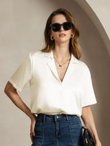[Avorio] SilkSilky-IT Short Sleeve Lapel Collar Camicie da donna 003