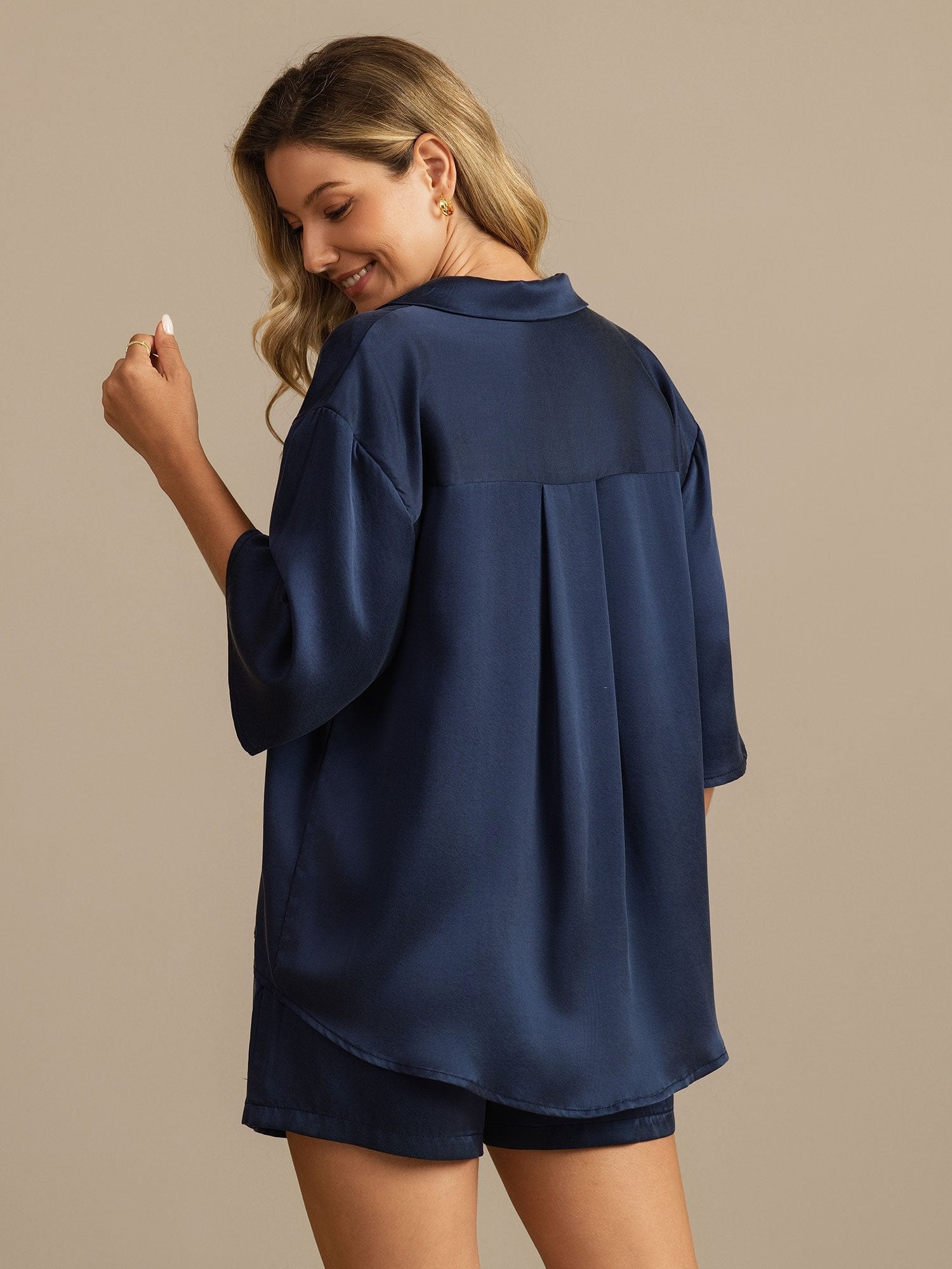 [Blu Scuro] SilkSilky-IT 19Momme Seta pura Colletto risvolto Pigiami da donna 002,