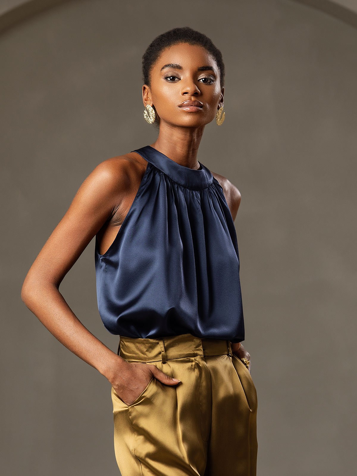 [Blu Scuro] SilkSilky-IT 19Momme Seta Womens T-Shirt 004