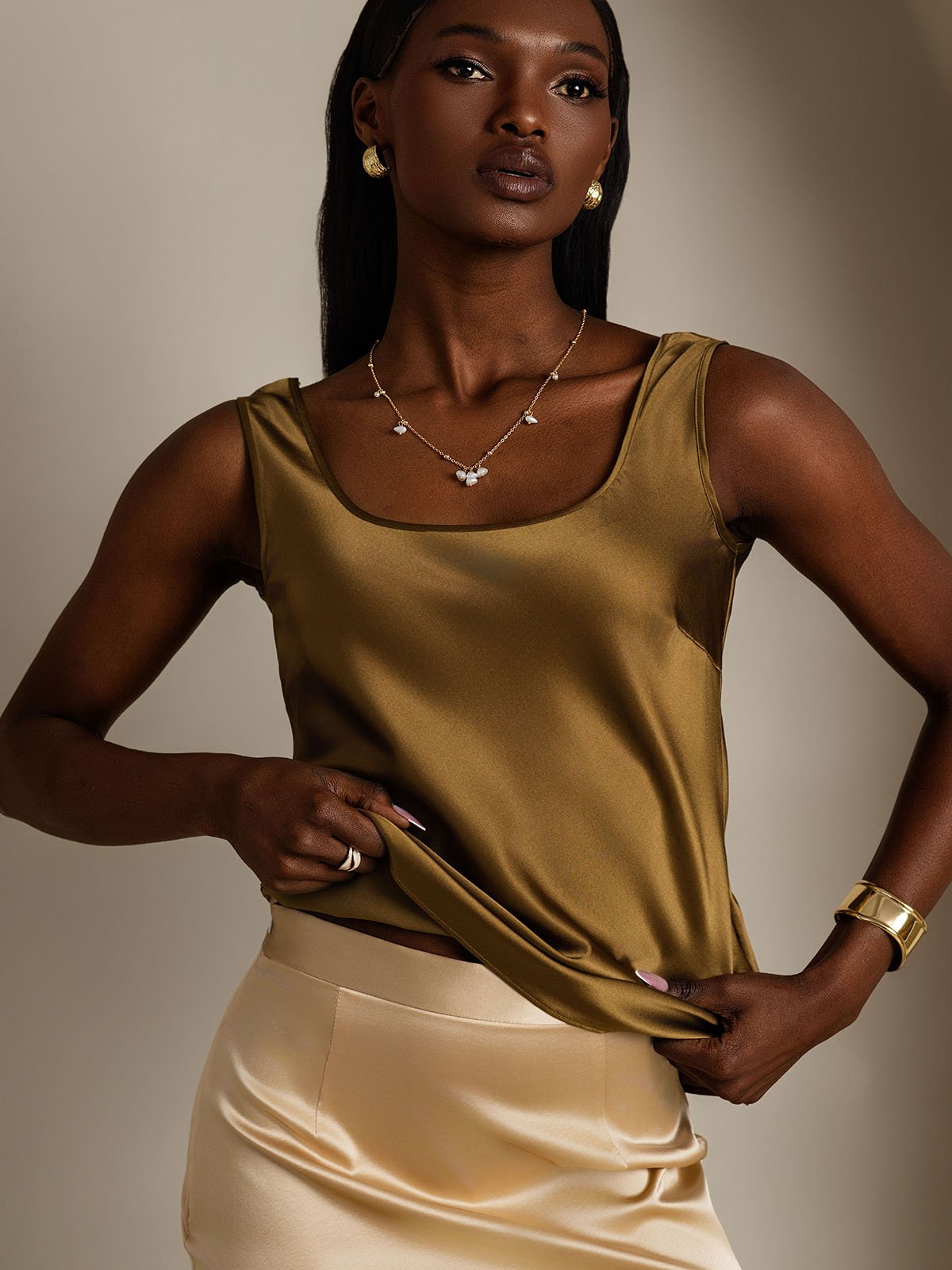 [Marrone] SilkSilky-IT 19Momme Seta Collo a U Cami 003