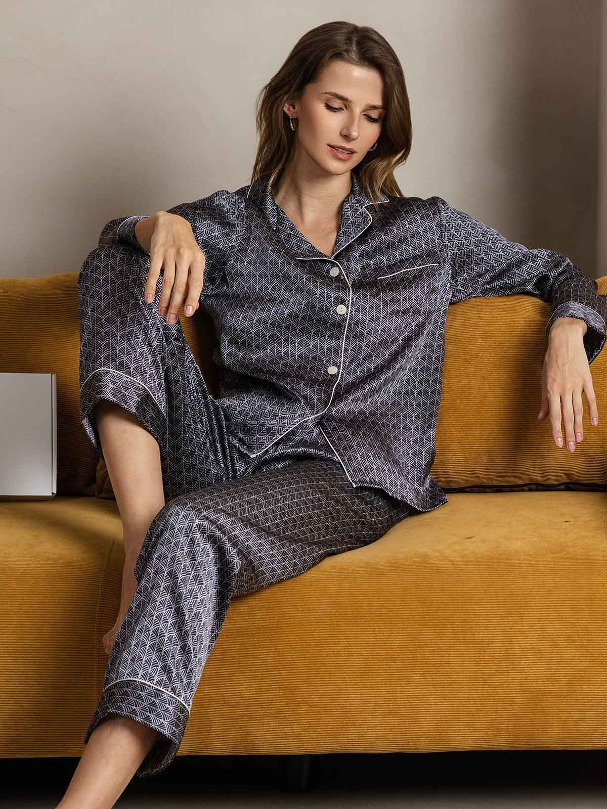 [Ginkgo Blu Navy] SilkSilky-IT Seta pura Womens Pajamas 004