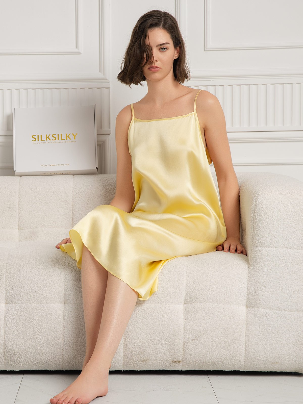 [Giallo Chiaro] SilkSilky-IT 19Momme Seta Senza maniche Dress 006