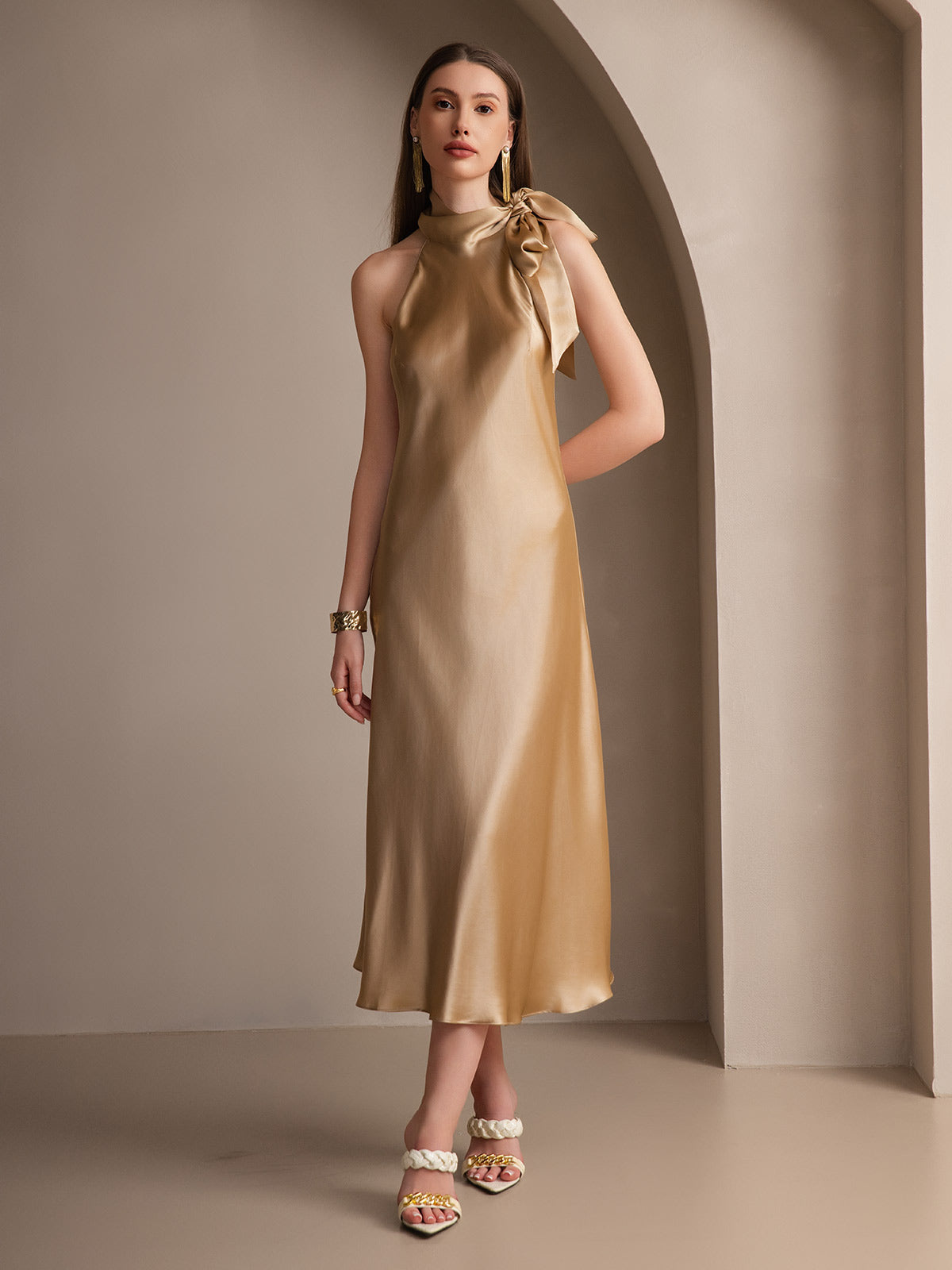 SilkSilky-IT 19Momme Seta Senza maniche Nodo al collo Vestiti da donna Champagne 006