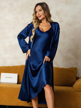 [Blu Scuro] SilkSilky-IT Manica lunga Scollo a V Set camicia e vestaglia 001