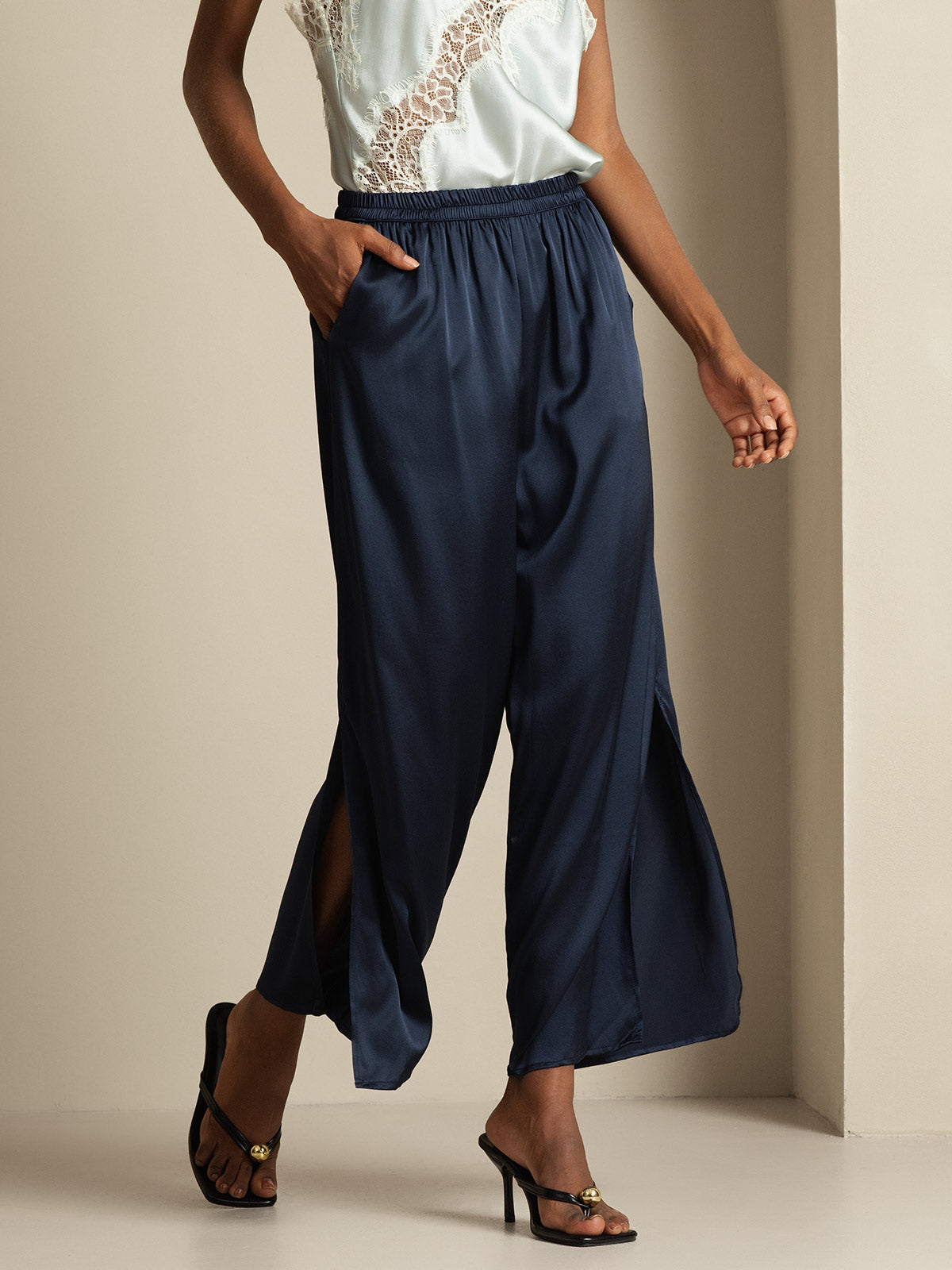 [Blu Scuro] SilkSilky-IT 19Momme Seta Womens Pants 002,