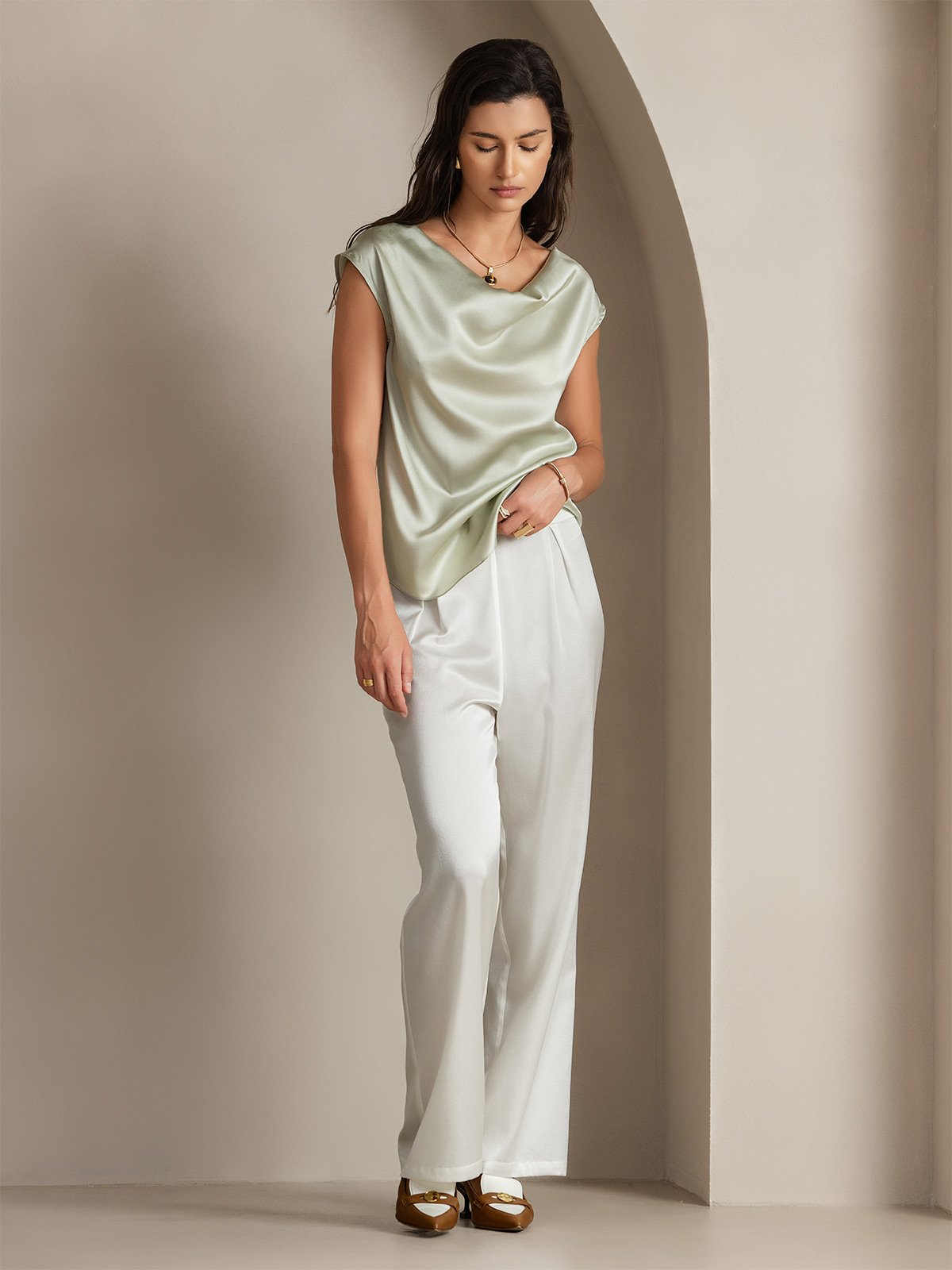 [Verde Chiaro] SilkSilky-IT 19Momme Manica a Cuffia Collo drappeggiato Magliette donna 004